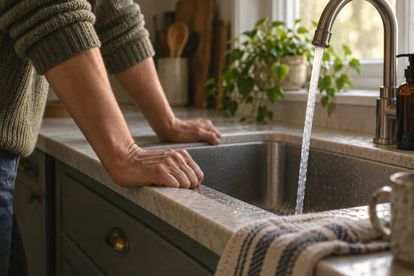 Two hands braced on the edge of a kitchen sink with the tap running