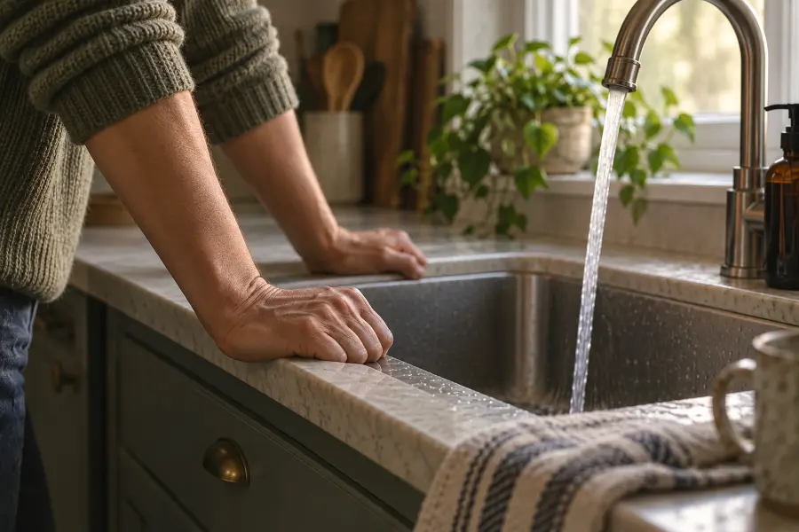 Two hands braced on the edge of a kitchen sink with the tap running