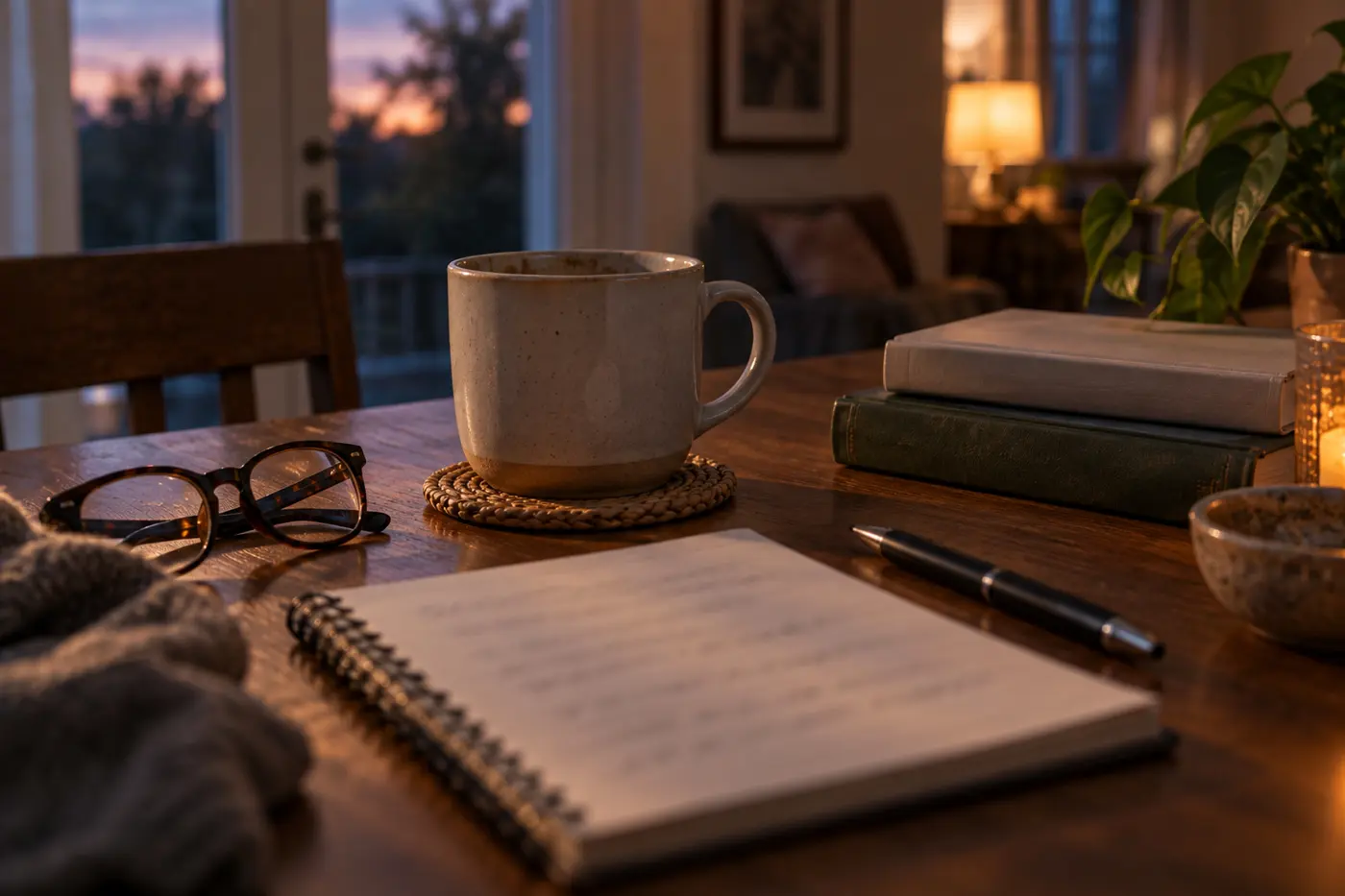 A mug of coffee gone cold beside a handwritten list at dusk