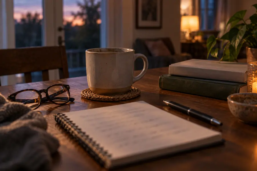 A mug of coffee gone cold beside a handwritten list at dusk