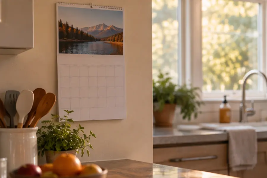A wall calendar left open on a month long past, in a sunlit kitchen