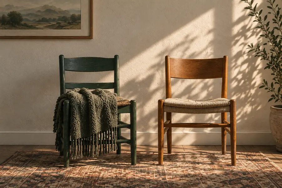 Two chairs against a wall in afternoon light, a knitted throw on one and the other bare