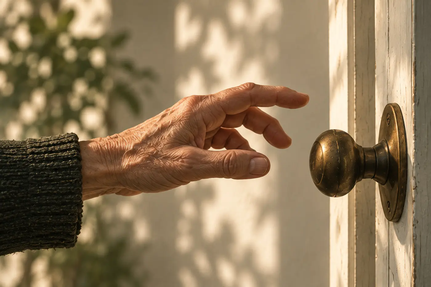An older hand paused a moment before a brass doorknob