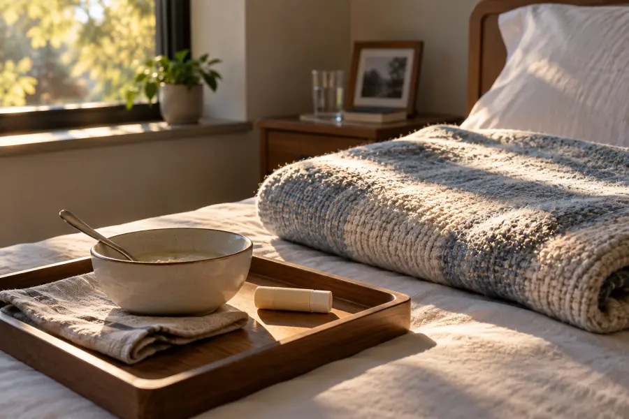 A tray with a bowl, a spoon and a lip balm on a bed, a folded blanket beside it in window light