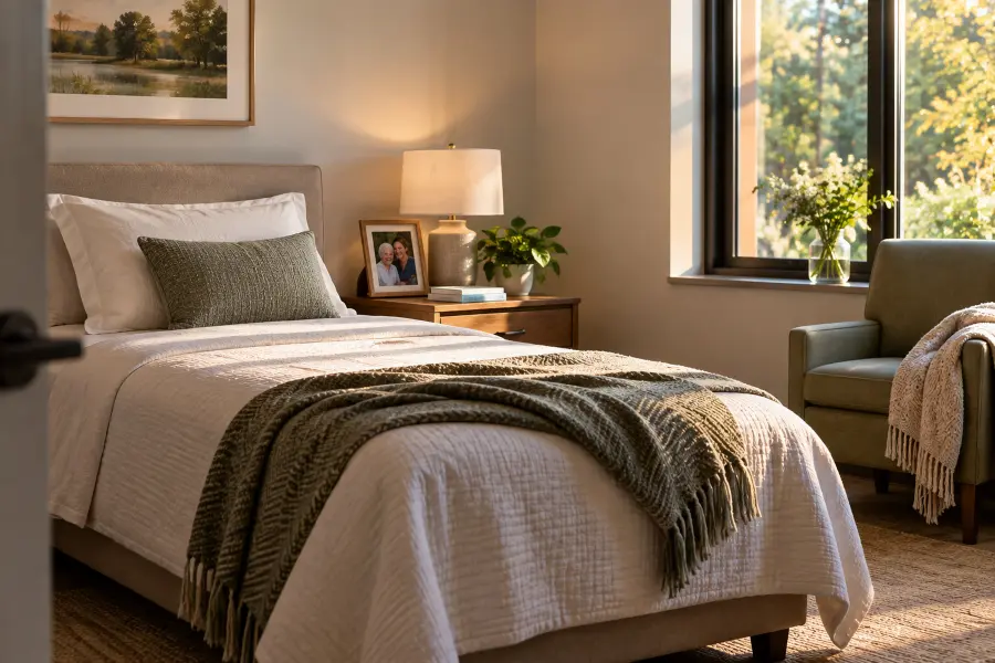 A plain bedroom made familiar with a knitted throw and a framed photograph on the nightstand