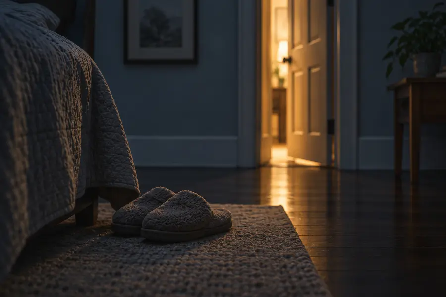 Slippers on a rug beside a bed at night, with a lit doorway beyond