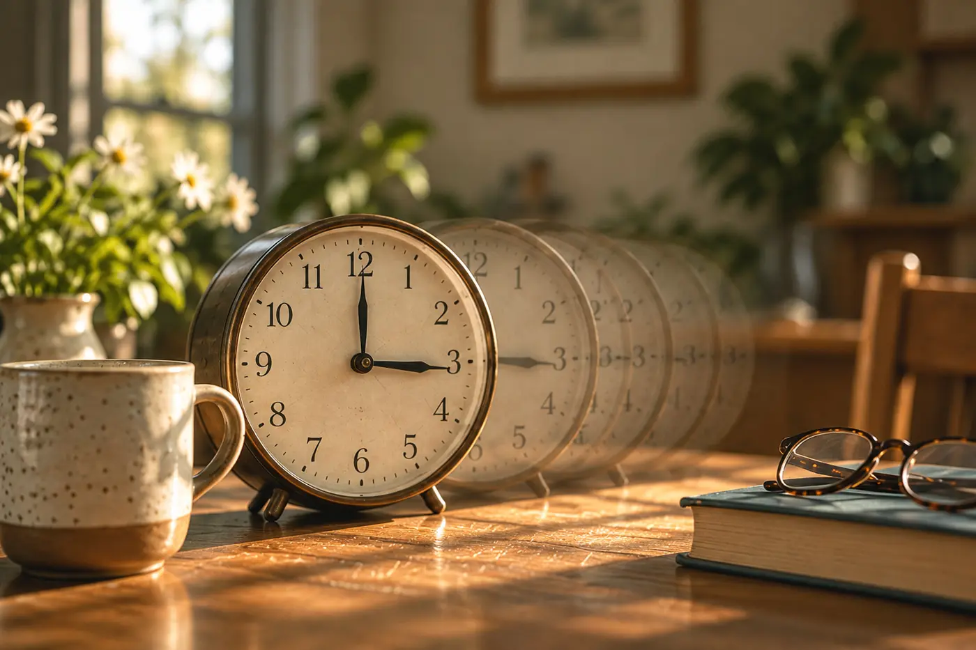 A kitchen clock repeated in fading copies across a sunlit table