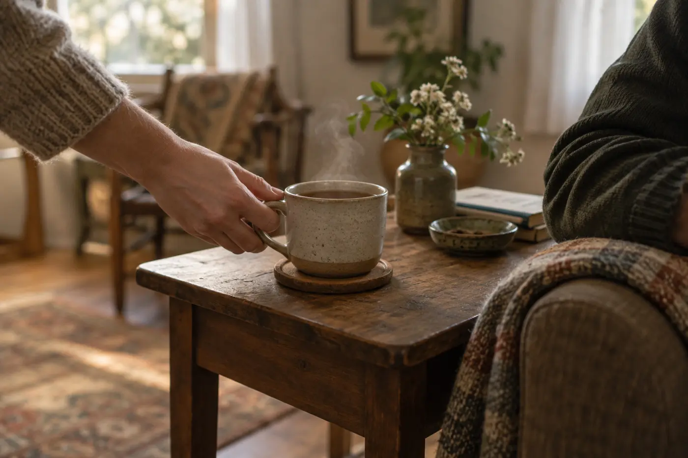 A hand setting a cup of tea down on a side table beside someone's chair