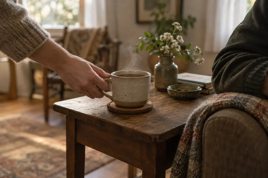 A hand setting a cup of tea down on a side table beside someone's chair