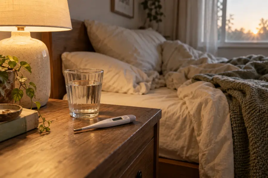 A digital thermometer and a glass of water on a nightstand beside an unmade bed at daybreak
