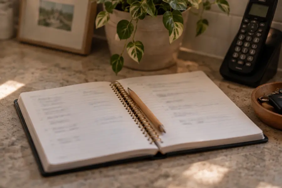 An open address book with a pencil, beside a landline phone on a kitchen counter