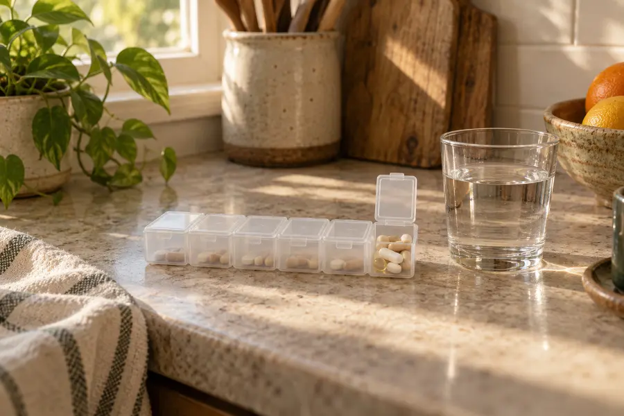 A weekly pill organizer with one compartment still full, beside a glass of water