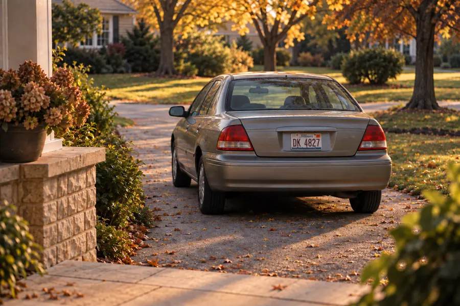 An older sedan parked in a home driveway under autumn trees, seen from the front step in late sun