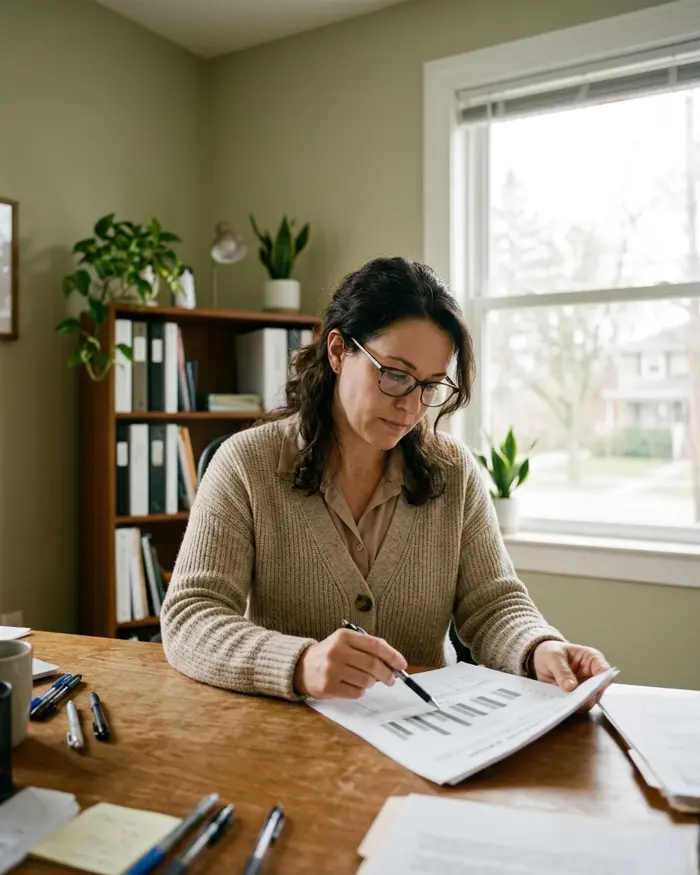 A supervisor at a desk by a window, pen in hand, reading a scored caregiver report