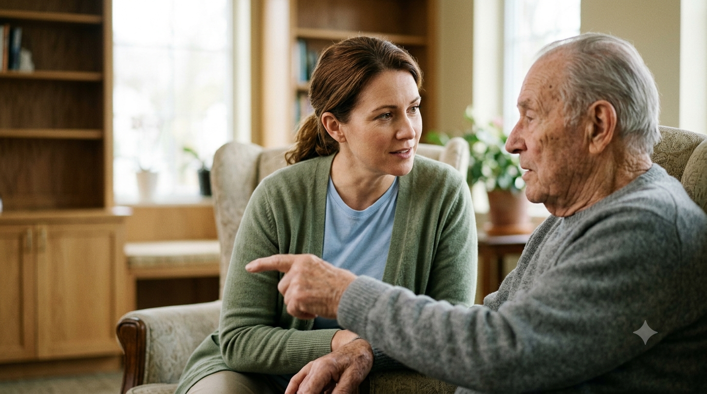 A professional caregiver sitting with an elderly man in a warm home setting