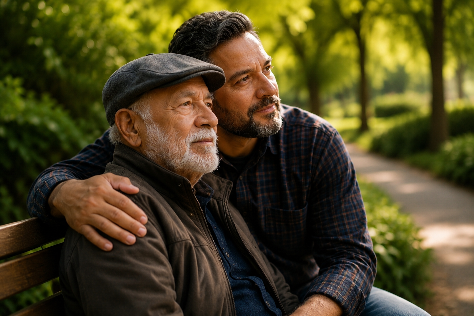 A son sitting on a park bench with his arm around his elderly father, both looking out quietly