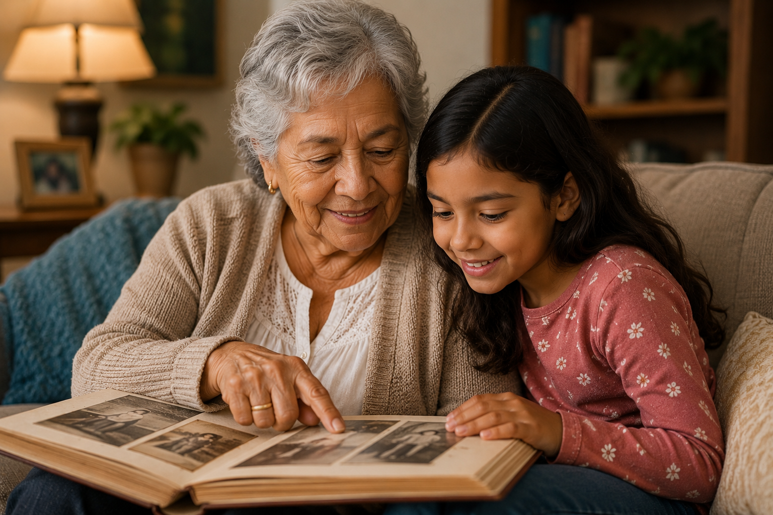 A grandmother and granddaughter sitting together looking at an old photo album