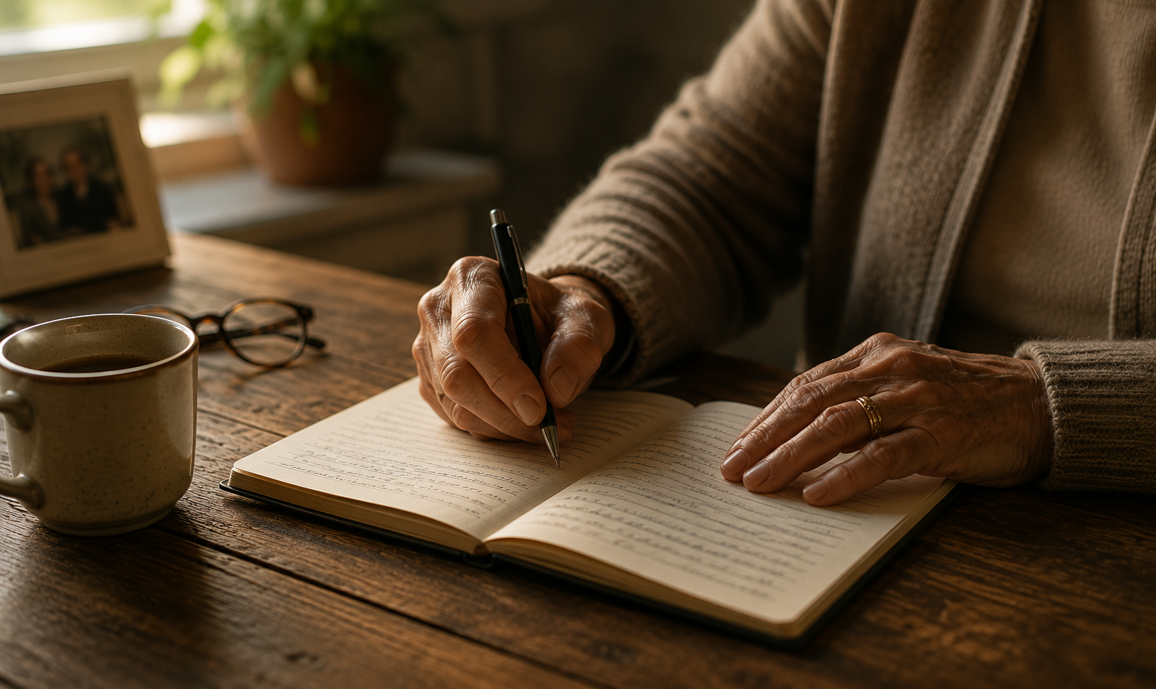 An older person's hands writing in a journal on a wooden table, with a coffee mug nearby
