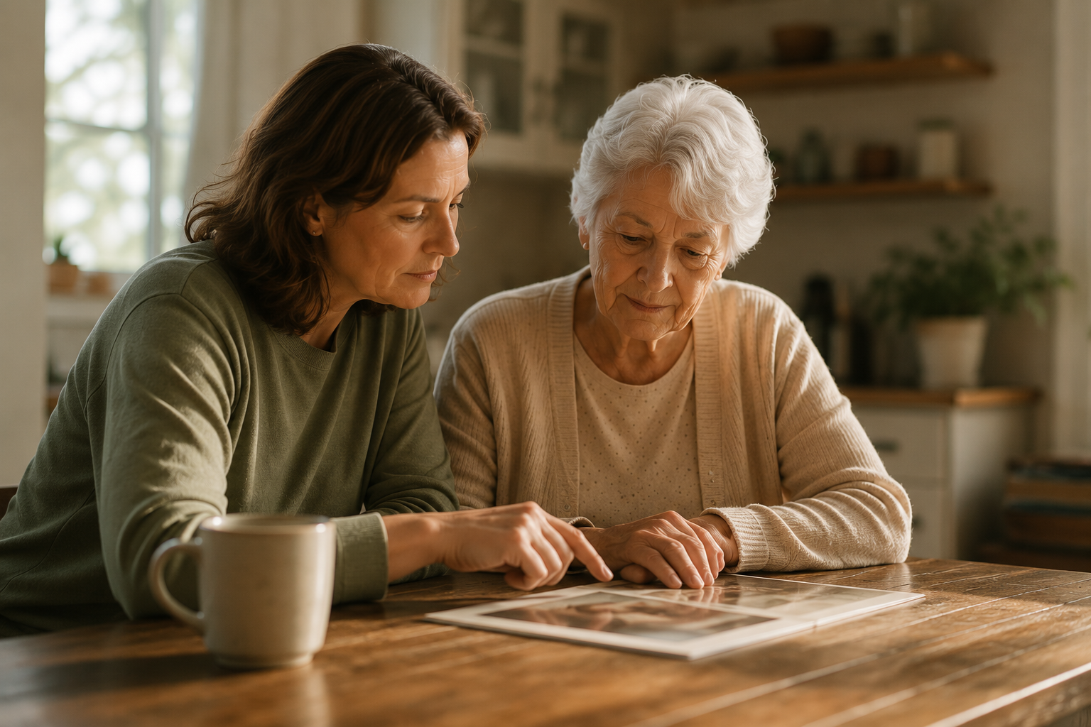 A daughter and her mother sitting together at a kitchen table, looking at photographs