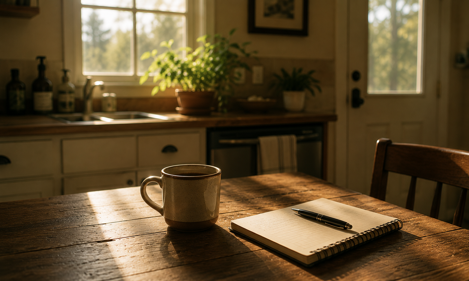 A quiet kitchen table in morning light with a coffee mug and notebook