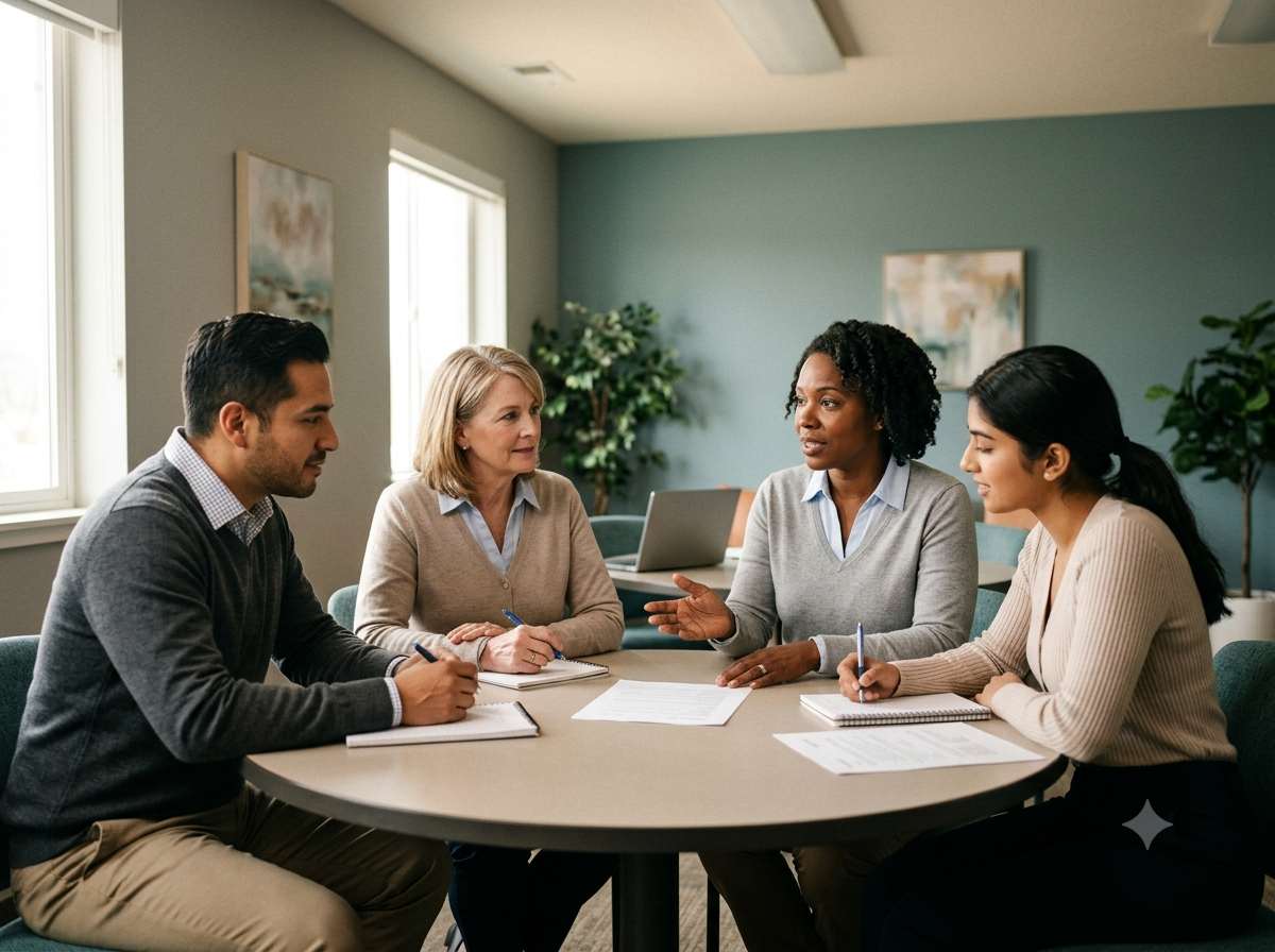 A diverse group of four care professionals seated around a round table in a training session